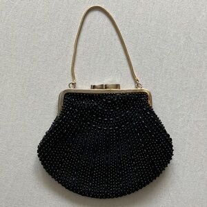 Black Beaded Evening Handbag with Gold Frame